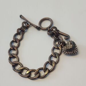 Juicy Couture Chunky Chain Bracelet with Pave Rhinestone Heart Charm Bronze Tone